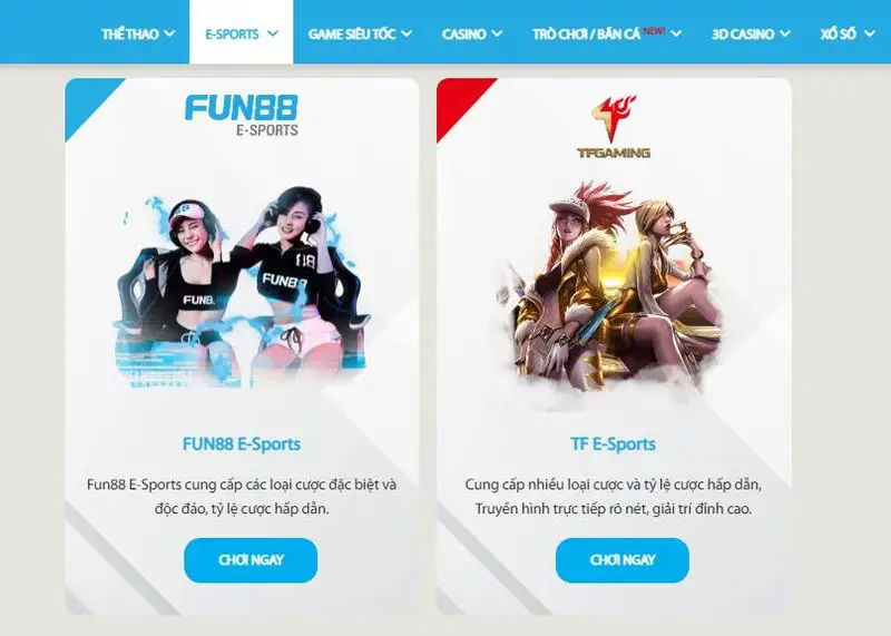 Fun88 đang vận hành hai sảnh chơi Fun88 Esports và TF Gaming